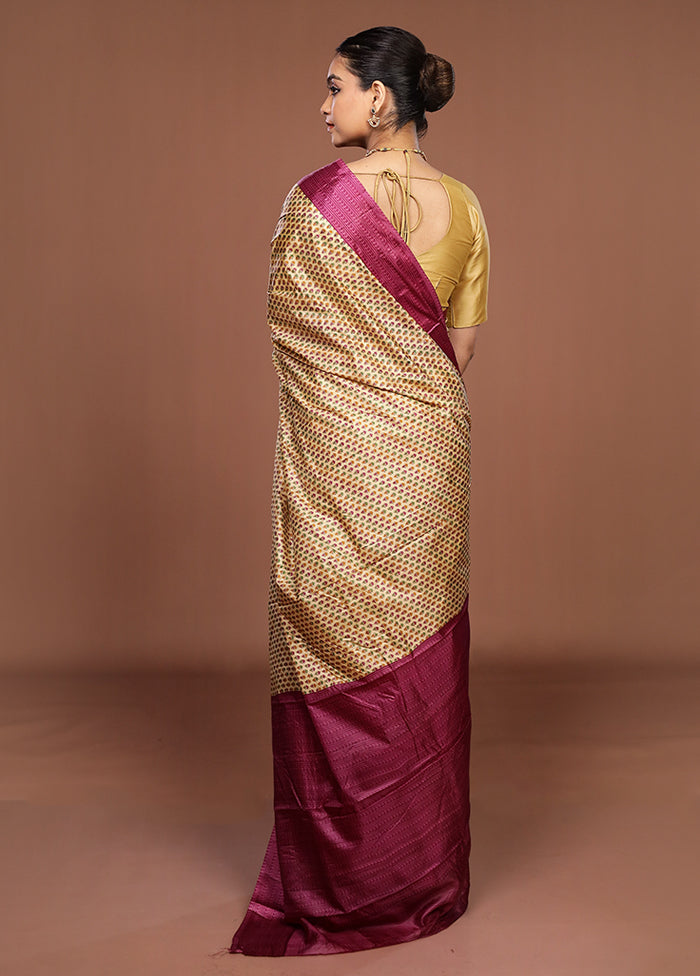 Cream Printed Pure Silk Saree Without Blouse Piece