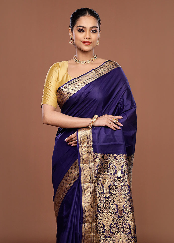 Blue Printed Pure Silk Saree Without Blouse Piece