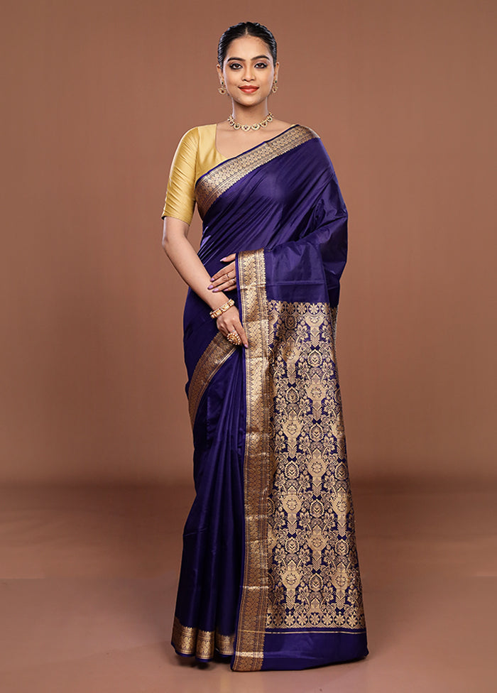 Blue Printed Pure Silk Saree Without Blouse Piece