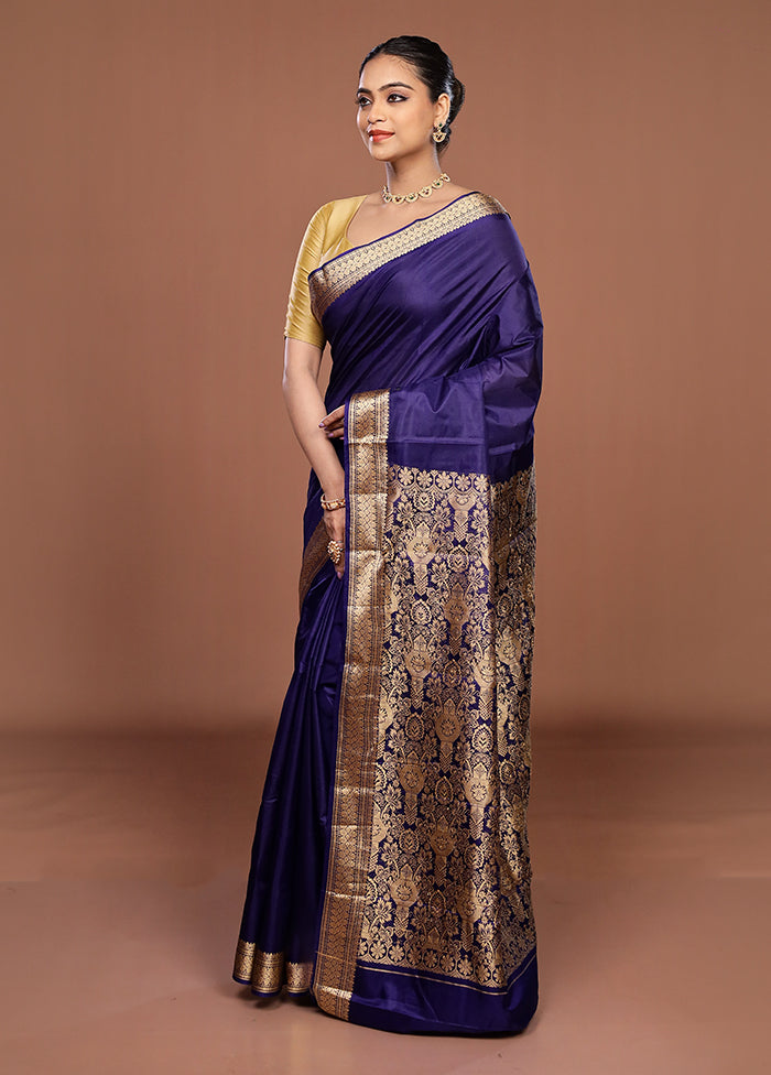 Blue Printed Pure Silk Saree Without Blouse Piece