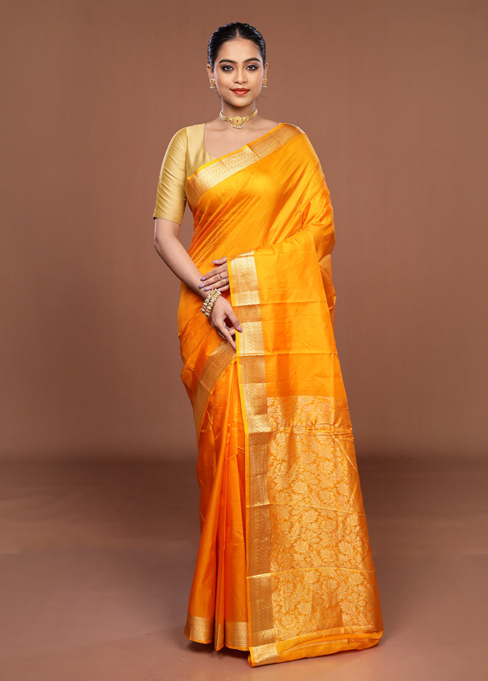 Orange Printed Pure Silk Saree Without Blouse Piece