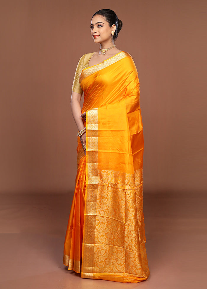 Orange Printed Pure Silk Saree Without Blouse Piece