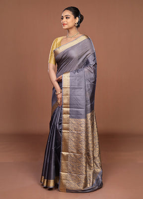 Grey Printed Pure Silk Saree Without Blouse Piece