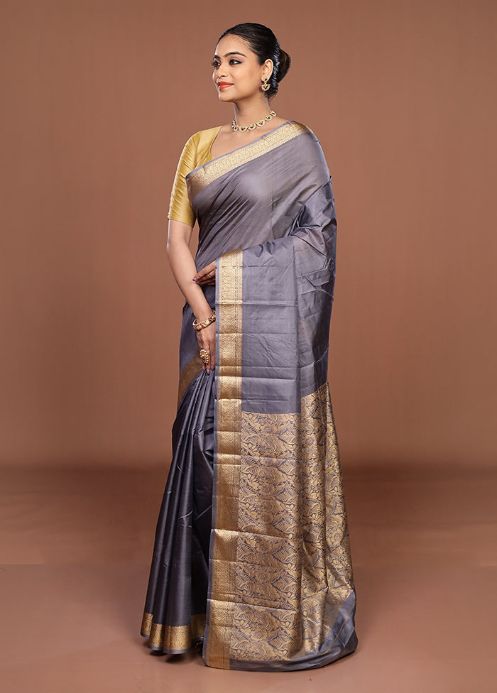 Grey Printed Pure Silk Saree Without Blouse Piece
