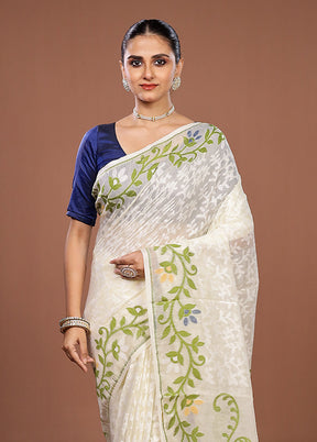 Cream Jamdani Cotton Saree Without Blouse Piece