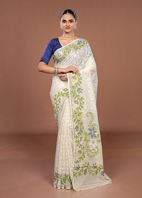 Cream Jamdani Cotton Saree Without Blouse Piece