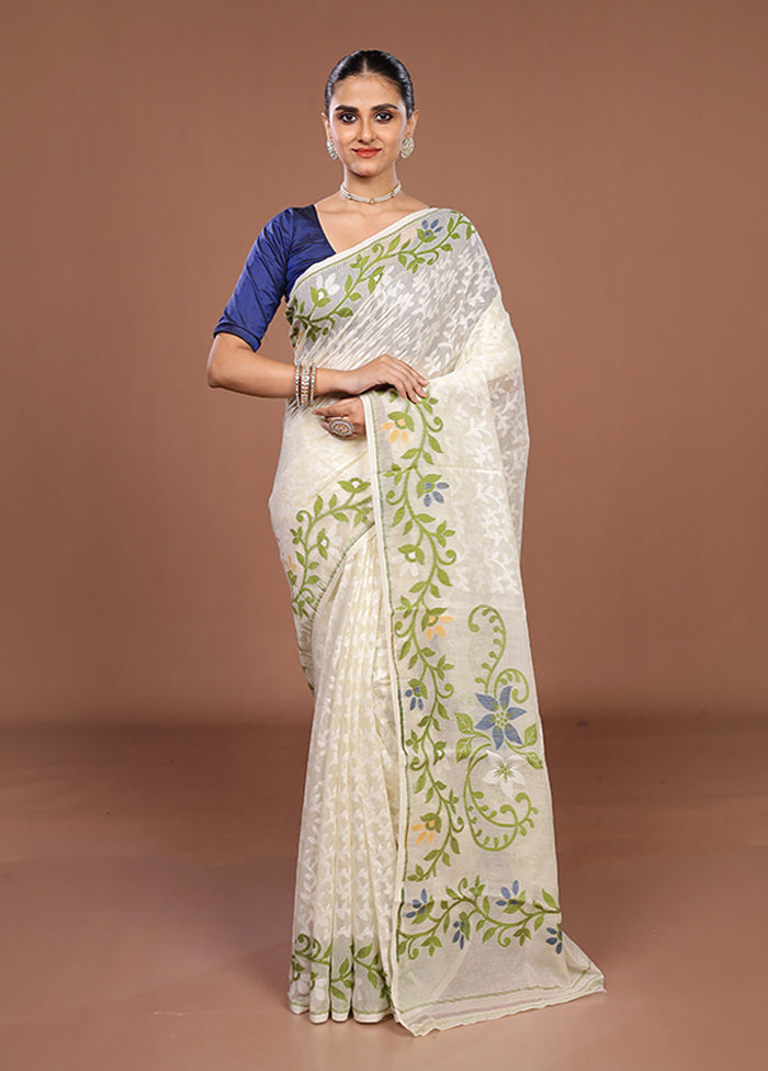 Cream Jamdani Cotton Saree Without Blouse Piece