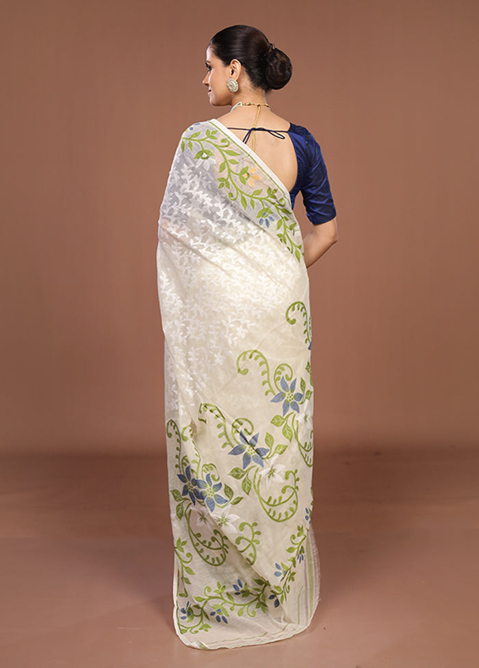 Cream Jamdani Cotton Saree Without Blouse Piece