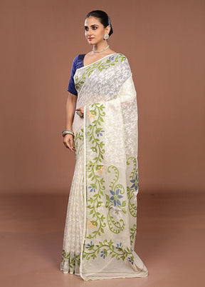 Cream Jamdani Cotton Saree Without Blouse Piece