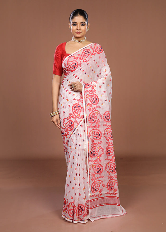 White Jamdani Cotton Saree Without Blouse Piece