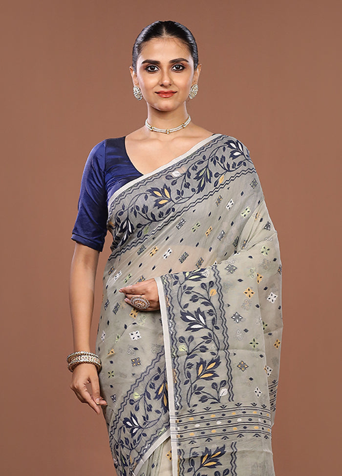 Cream Jamdani Cotton Saree Without Blouse Piece