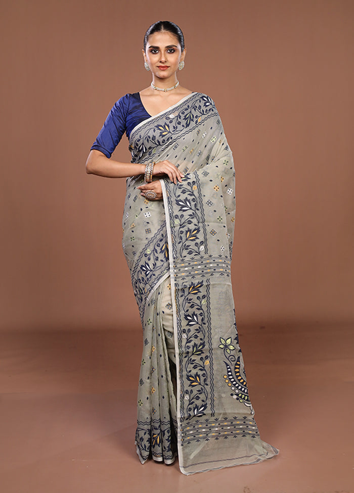 Cream Jamdani Cotton Saree Without Blouse Piece