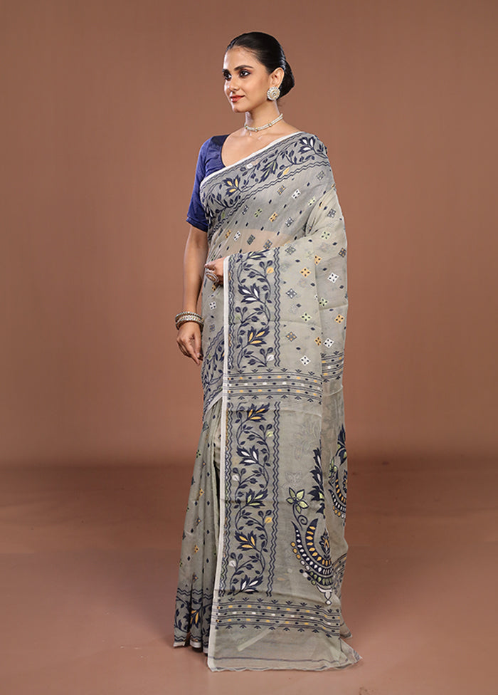 Cream Jamdani Cotton Saree Without Blouse Piece