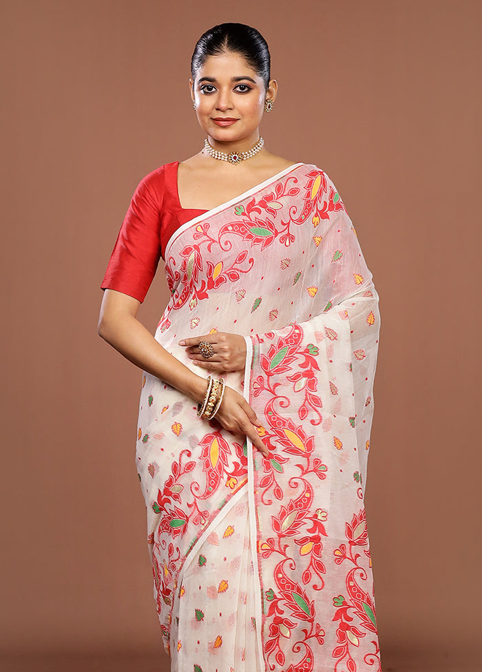 Cream Jamdani Cotton Saree Without Blouse Piece