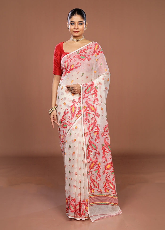 Cream Jamdani Cotton Saree Without Blouse Piece