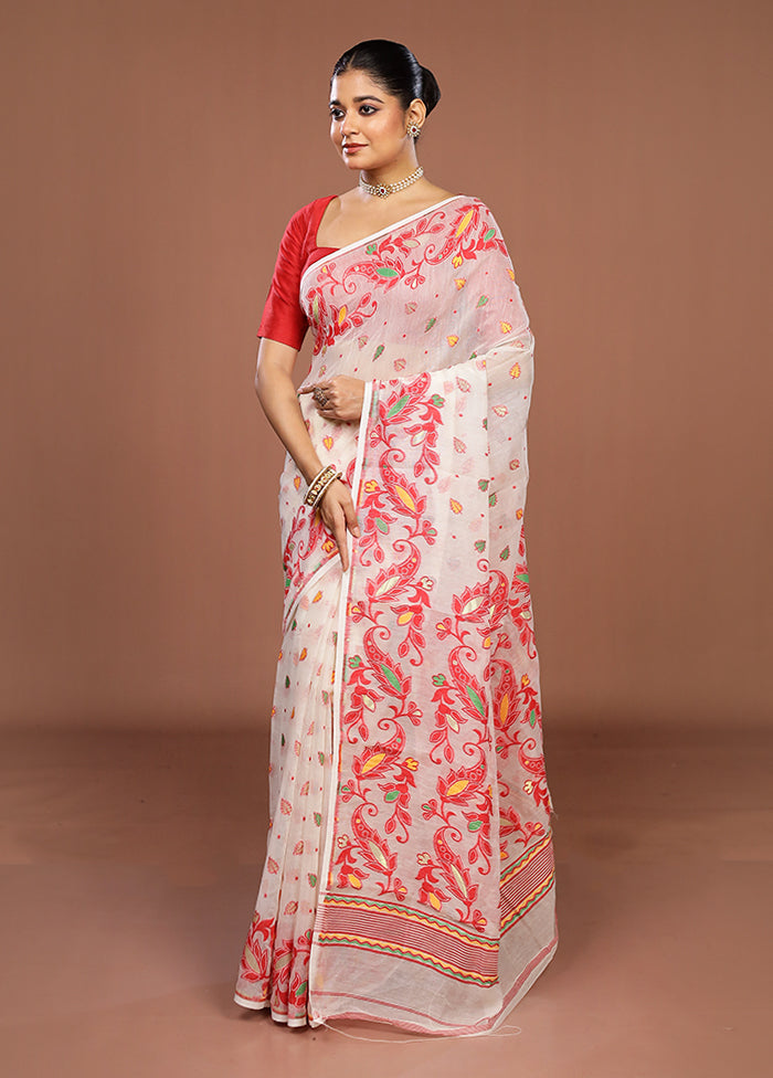Cream Jamdani Cotton Saree Without Blouse Piece