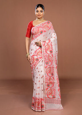 White Jamdani Cotton Saree Without Blouse Piece