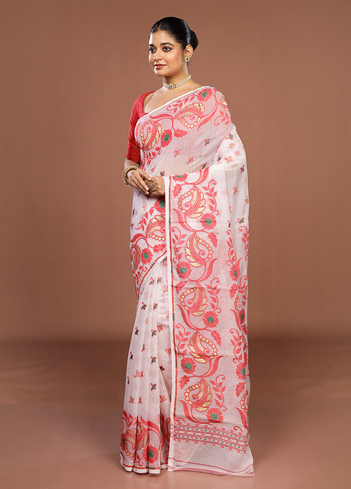 White Jamdani Cotton Saree Without Blouse Piece