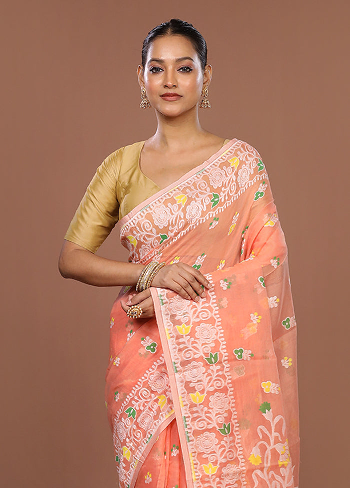 Peach Jamdani Cotton Saree Without Blouse Piece