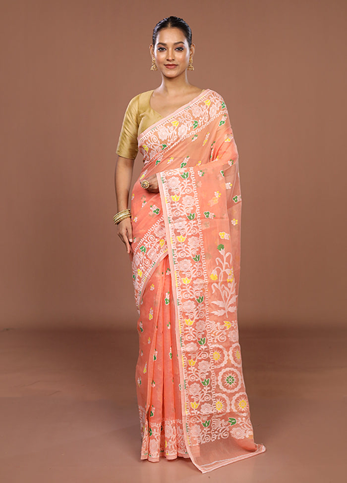 Peach Jamdani Cotton Saree Without Blouse Piece