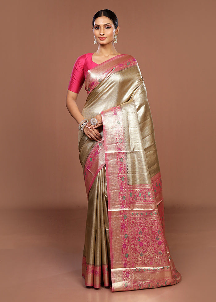 Gold Handloom Kanjivaram Pure Silk Saree With Blouse Piece