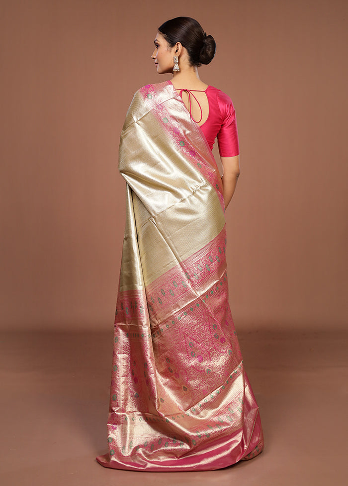 Gold Handloom Kanjivaram Pure Silk Saree With Blouse Piece