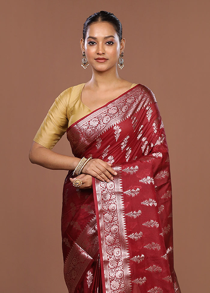 Maroon Kora Silk Saree With Blouse Piece