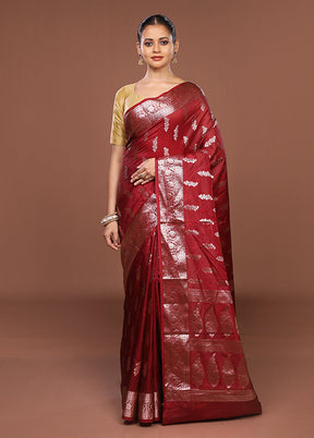 Maroon Kora Silk Saree With Blouse Piece
