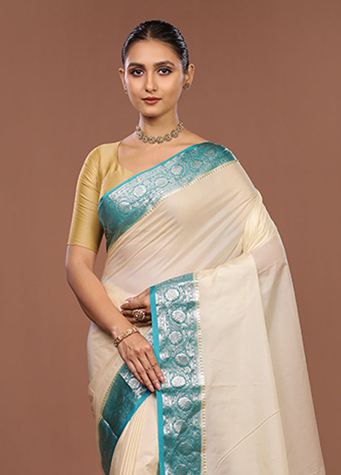 Cream Kora Silk Saree With Blouse Piece
