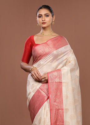 Cream Kora Silk Saree With Blouse Piece