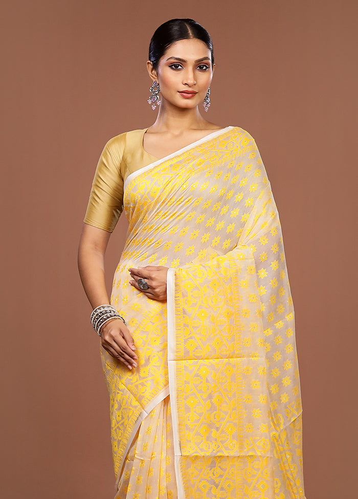 White Jamdani Cotton Saree Without Blouse Piece