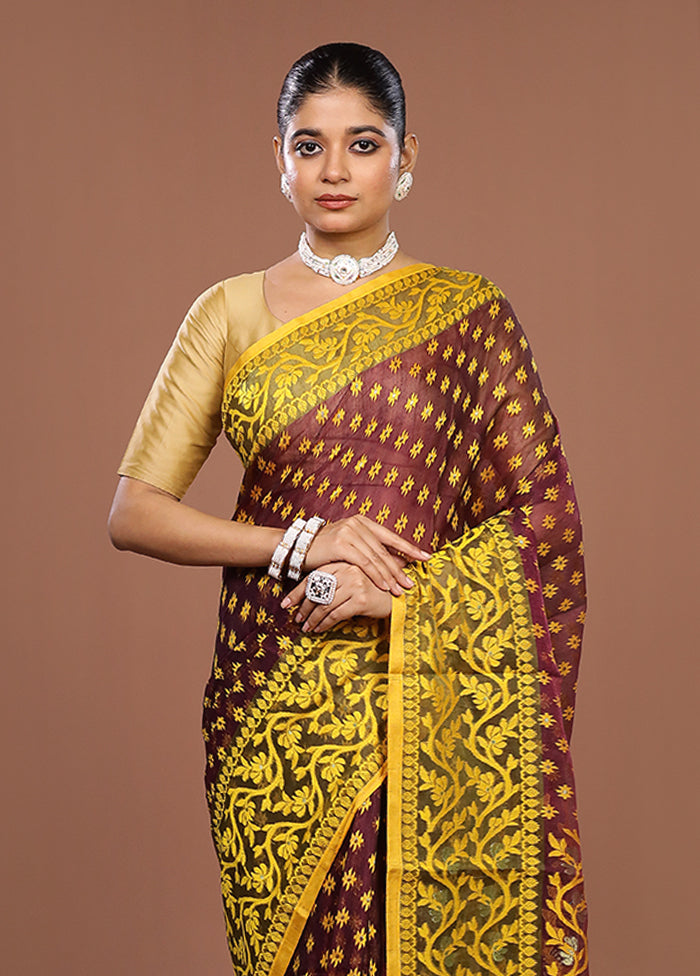 Maroon Jamdani Cotton Saree Without Blouse Piece