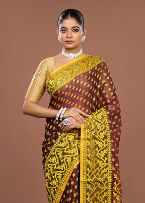 Maroon Jamdani Cotton Saree Without Blouse Piece