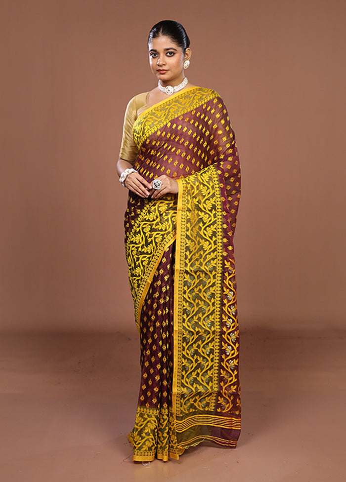Maroon Jamdani Cotton Saree Without Blouse Piece