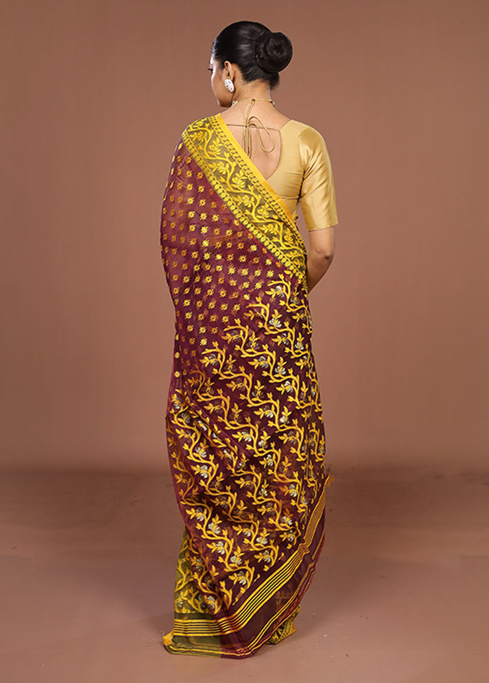 Maroon Jamdani Cotton Saree Without Blouse Piece