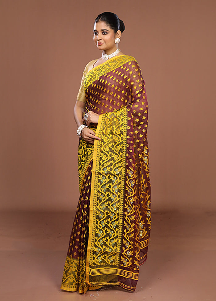 Maroon Jamdani Cotton Saree Without Blouse Piece