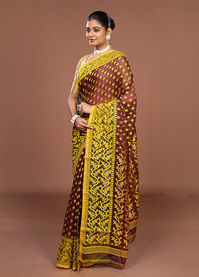 Maroon Jamdani Cotton Saree Without Blouse Piece