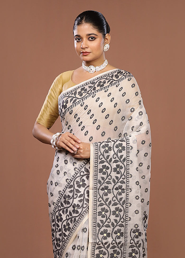 White Jamdani Cotton Saree Without Blouse Piece