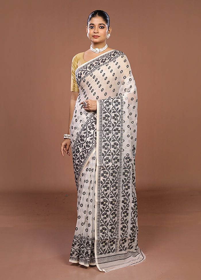 White Jamdani Cotton Saree Without Blouse Piece