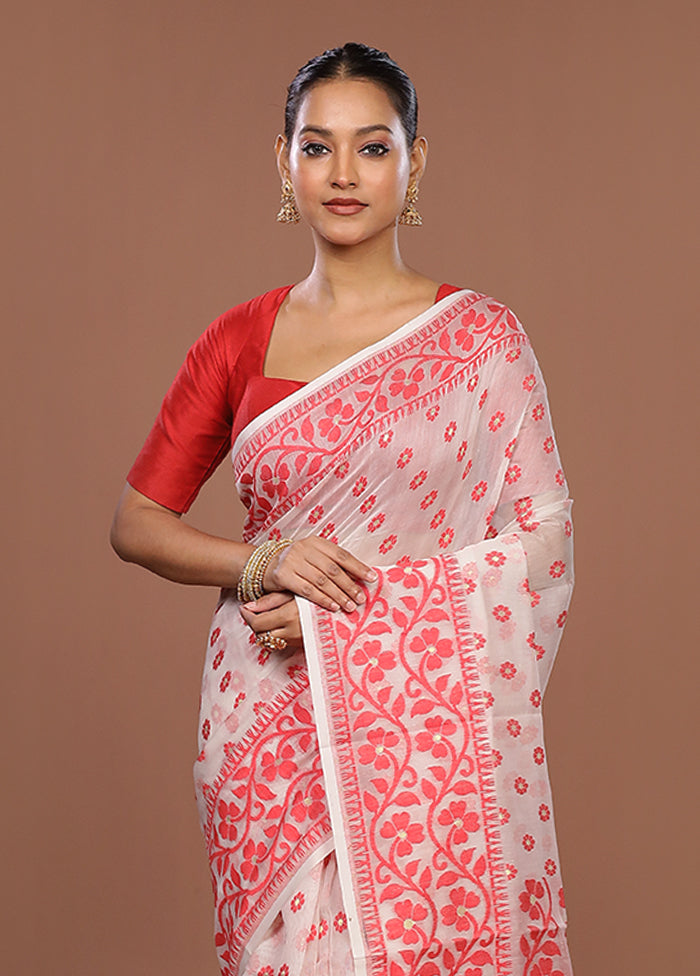 White Jamdani Cotton Saree Without Blouse Piece