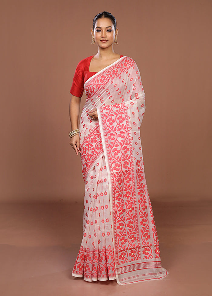 White Jamdani Cotton Saree Without Blouse Piece