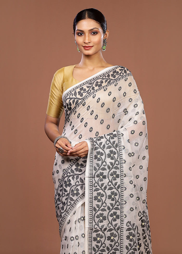 White Jamdani Cotton Saree Without Blouse Piece