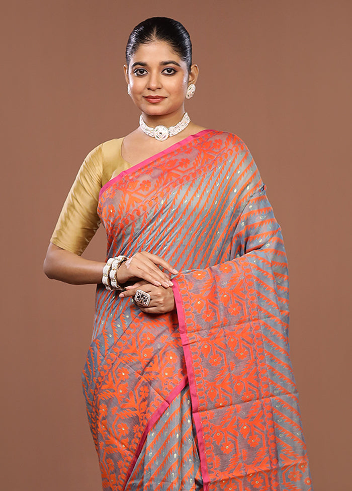 Blue Jamdani Cotton Saree Without Blouse Piece