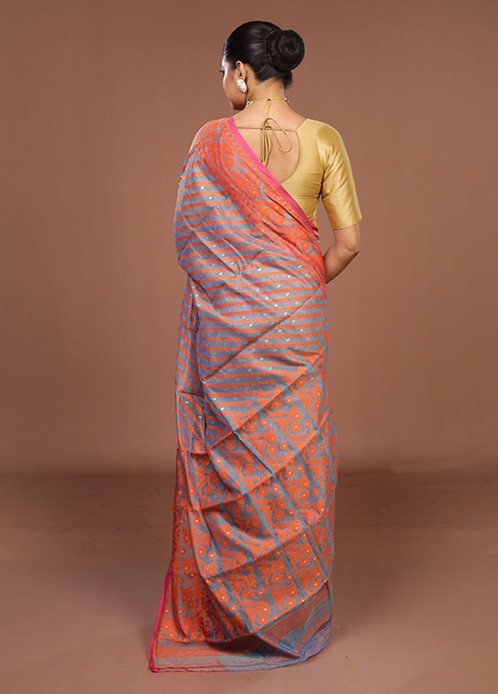 Blue Jamdani Cotton Saree Without Blouse Piece