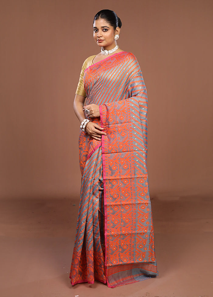 Blue Jamdani Cotton Saree Without Blouse Piece