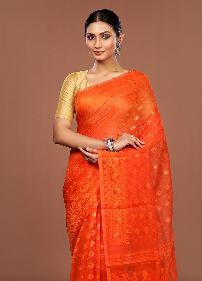 Rust Jamdani Cotton Saree Without Blouse Piece