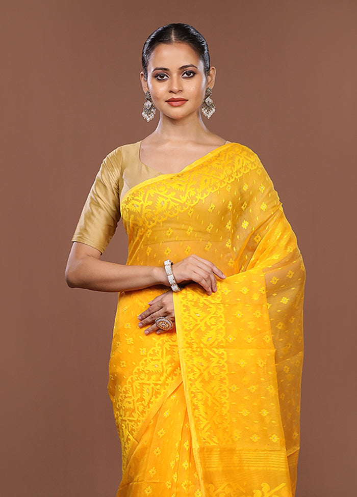 Yellow Jamdani Cotton Saree Without Blouse Piece