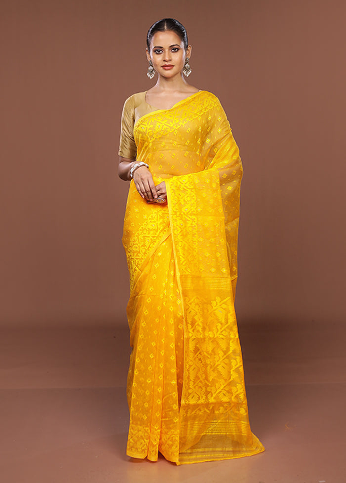 Yellow Jamdani Cotton Saree Without Blouse Piece