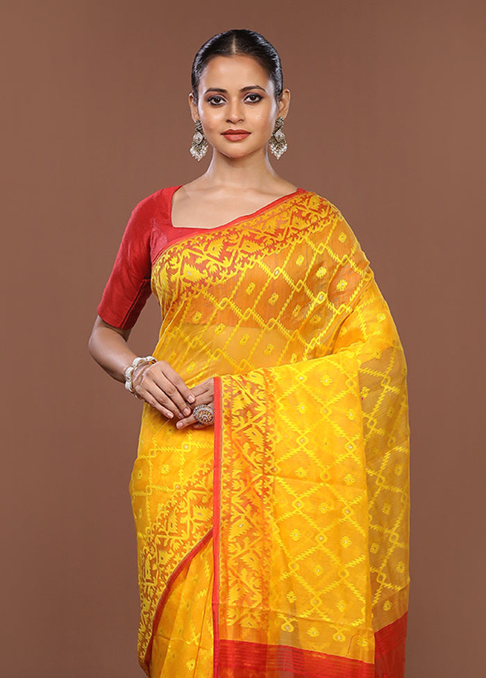 Yellow Jamdani Cotton Saree Without Blouse Piece