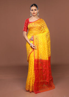 Yellow Jamdani Cotton Saree Without Blouse Piece